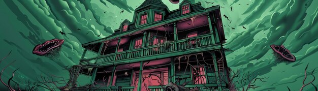 A haunted house with a green glow and bats flying around it