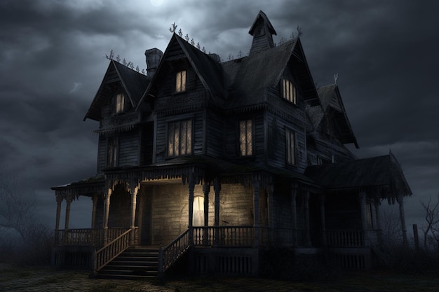A haunted house with a light on the front