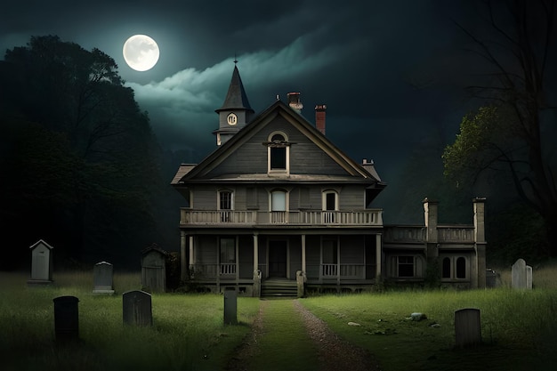 A haunted house with a moon in the sky