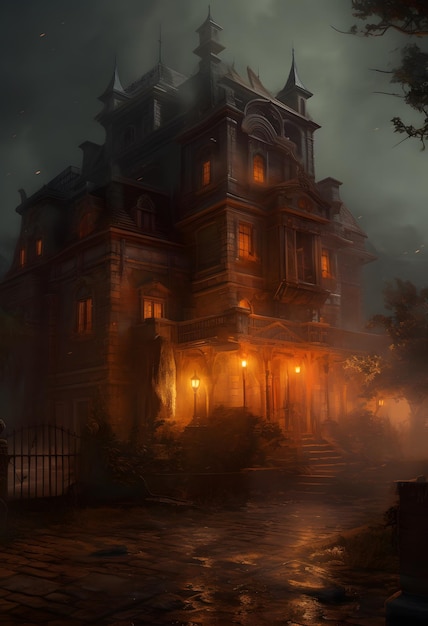 A haunted house with a tower on the top.