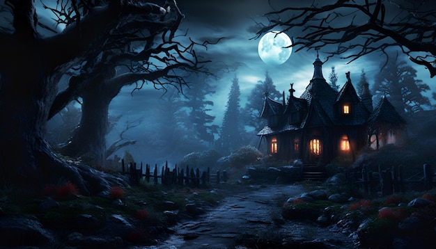 Haunted house in the woods at night