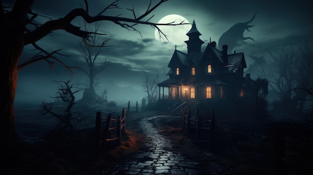 haunted house in the woods with moonlight