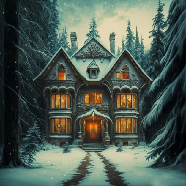 haunted house in the woods with moonlight