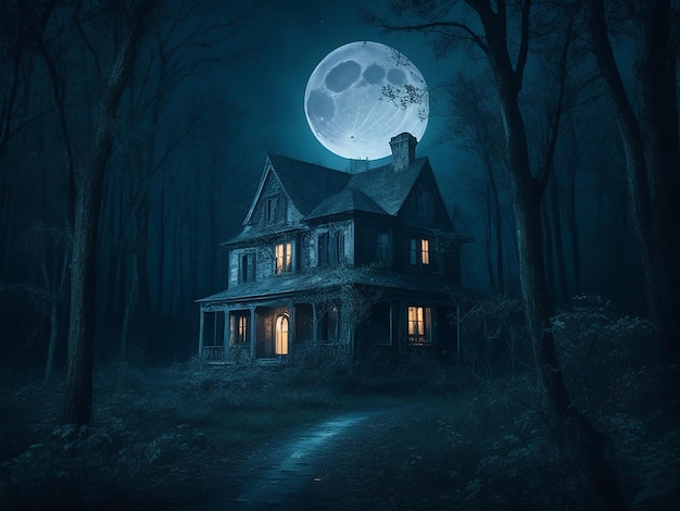 haunted house in the woods with moonlight