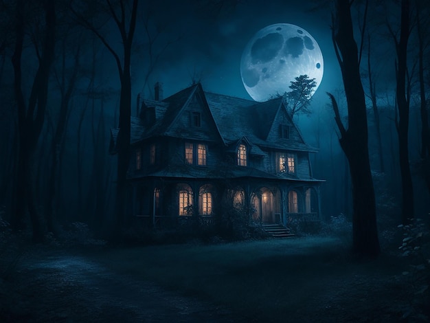 haunted house in the woods with moonlight