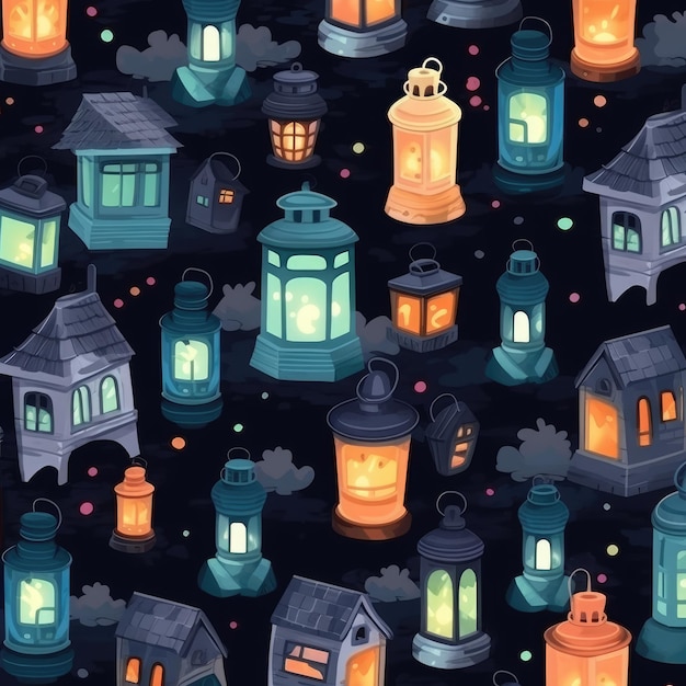 Haunted lanterns and shadowy alleys seamless pattern