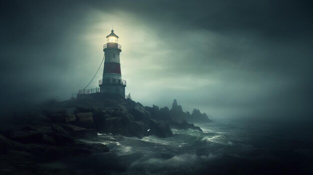 A haunted lighthouse with a spooky mist surrounding