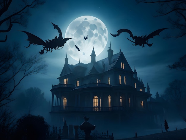 A haunted mansion bathed in ethereal moonlight with silhouettes of witches flying overhead