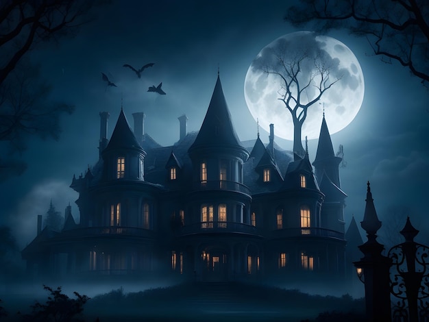 A haunted mansion bathed in ethereal moonlight with silhouettes of witches flying overhead