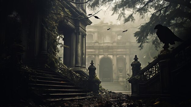 Haunted mansion covered with fog Creepy house covered with vines Halloween concept Generative AI