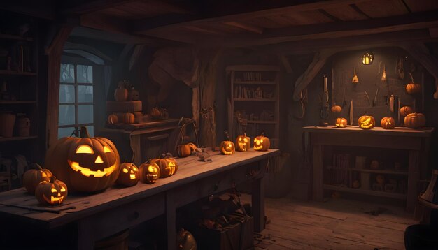 a haunted mansions basement workshop where a ghostly craftsman carves pumpkin lanterns
