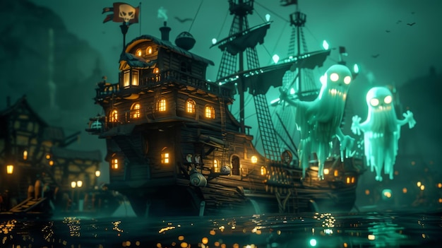 Photo a haunted pirate ship with ghost crew eerie cartoon 3d
