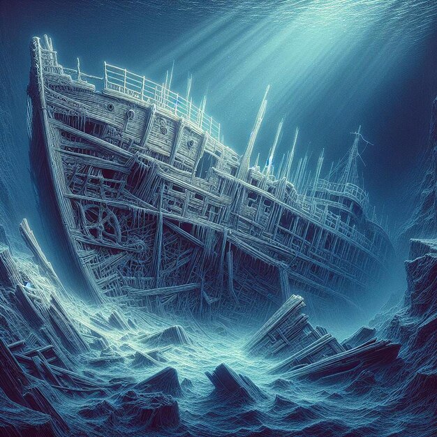 Haunted shipwreck emerging from a foggy sea generative ai