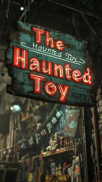 Foto il testo del negozio di giocattoli infestato con un effetto lampeggiante e uno sfondo di live stream di vin creative decor