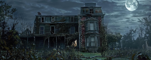 The Haunted Victorian Mansion is silent under the moonlit sky shrouded in mystery and decay AIG59