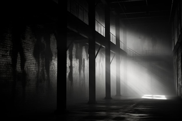 Photo haunted warehouse with misty shadows