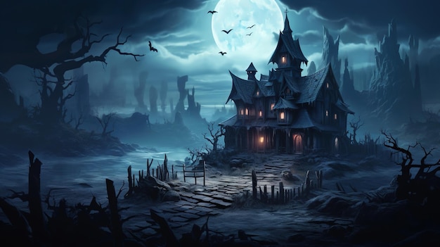 Haunted wooden house old scary mansion at Halloween night in forest generative AI Spooky view of mystic house in full moon creepy scene Horror and mystery concept