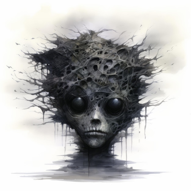 Photo haunting alien skull illustration with surrealistic twist