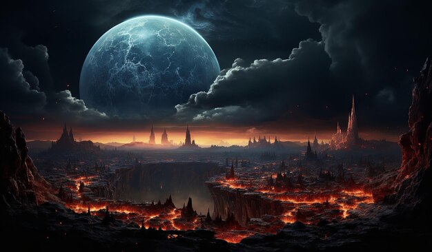 Haunting digital art of a city surrounded by lava under a large moon with a dark