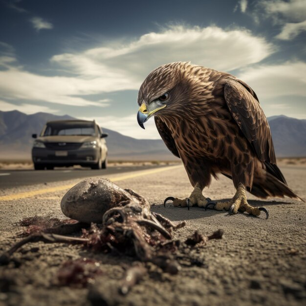 The Haunting Encounter A Black Kite Feasting on a Lifeless Mongoose in HighDefinition Realism on a