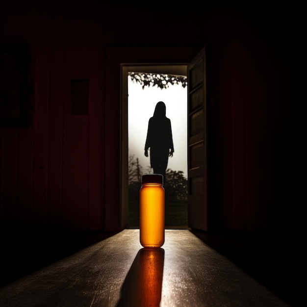 Photo a haunting encounter the spilled pill bottle and the silhouette of a woman emerging