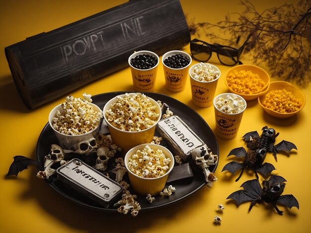 Haunting film night from top view halloweeninspired movie ambiance popcorn boxes bats