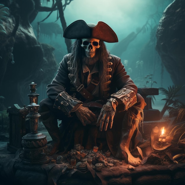 The Haunting Grandeur of Captain Bones A Pirate Skeleton's Last Stand with Treasure and Sword