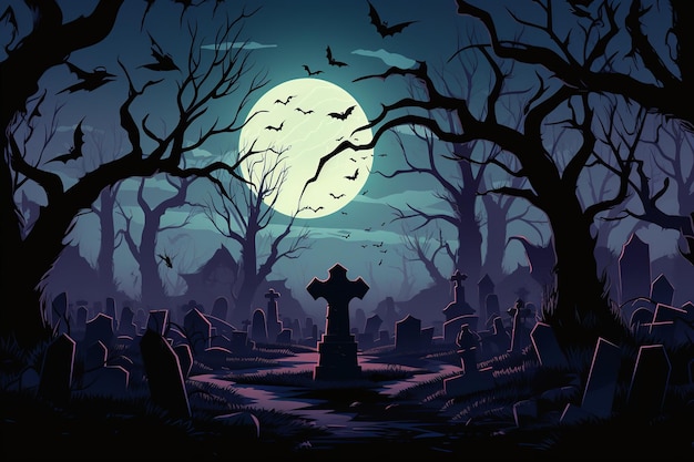 Haunting Graveyard Scene in a Flat Illustration a Quiet Testament to the Afterlife