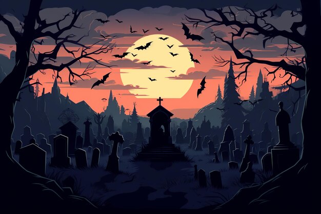 Haunting Graveyard Scene in a Flat Illustration a Quiet Testament to the Afterlife