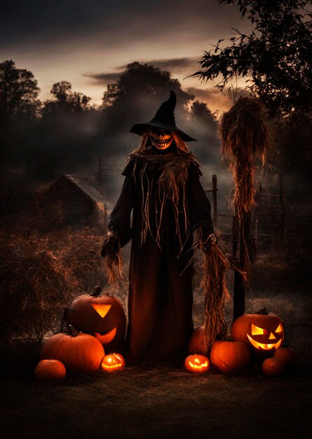 Haunting Halloween Ambiance with Eerie Scarecrow