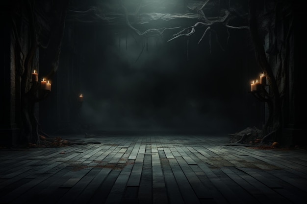 Haunting Halloween Dark horror background sets a mysterious stage with wooden planks