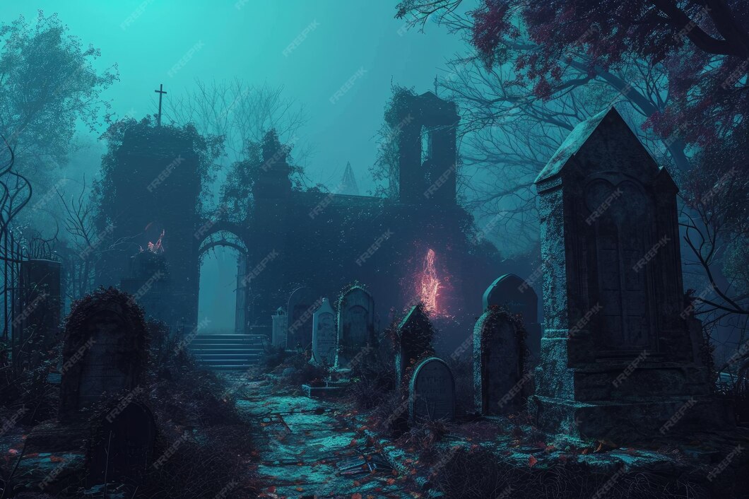 Premium AI Image A haunting image of a creepy graveyard featuring ominous tombstones in the