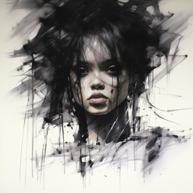 Photo haunting painting of a girl in black indonesian art inspired by rihanna