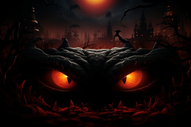 Haunting perspective 3D Halloween background emphasizes malevolent red eyes for spine tingling