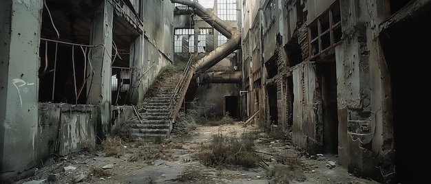 廃墟の工場の残骸 崩壊した階段と廃墟の機械は 過去の産業時代を語っています