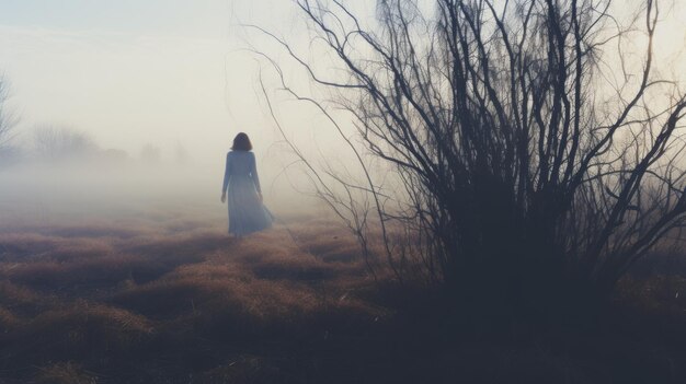 Призрачные образы Девушка в платье, стоящая на травяном поле