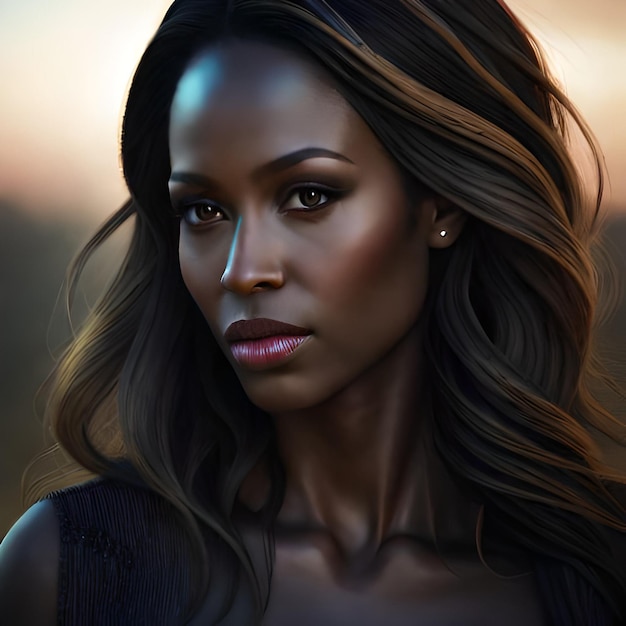 a hauntingly beautiful black lady with large brown eyes pointed nose and wavy long hair