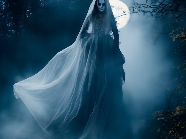 A hauntingly beautiful Halloween costume idea inspired by a spectral Victorian ghost bathed in eeri