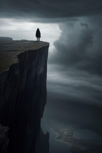 Photo a hauntingly beautiful landscape with dark stormy clouds looming overhead and a lone figure