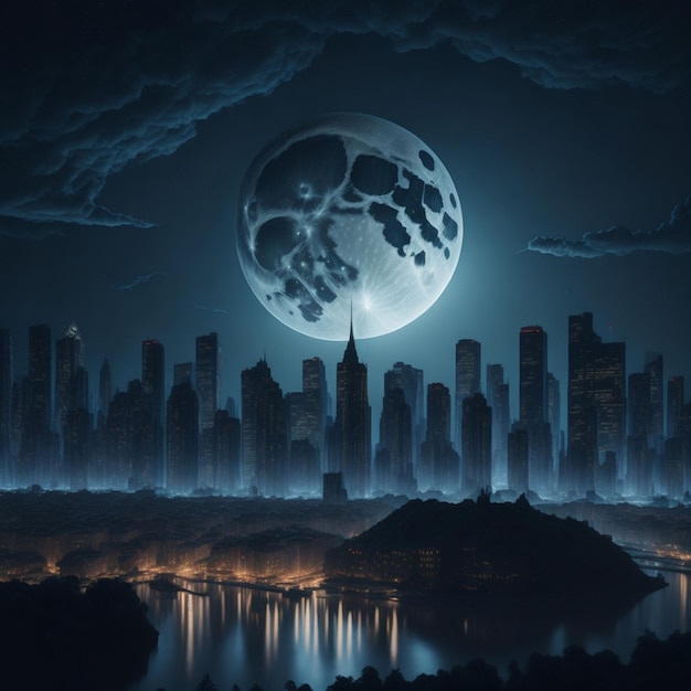 A hauntingly beautiful nightscape of a city skyline illuminated by a full moon