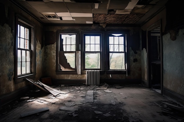 Hauntingly empty house with the windows broken and walls crumbling