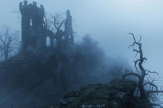 Hauntingly mooi verlaten kasteel op een mistige h