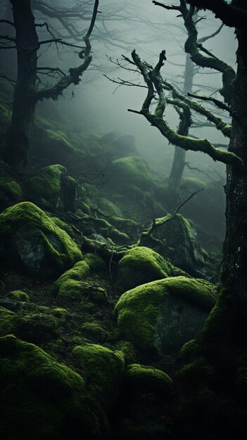 Hauntingly Tall Trees Shrouded in Thick Fog