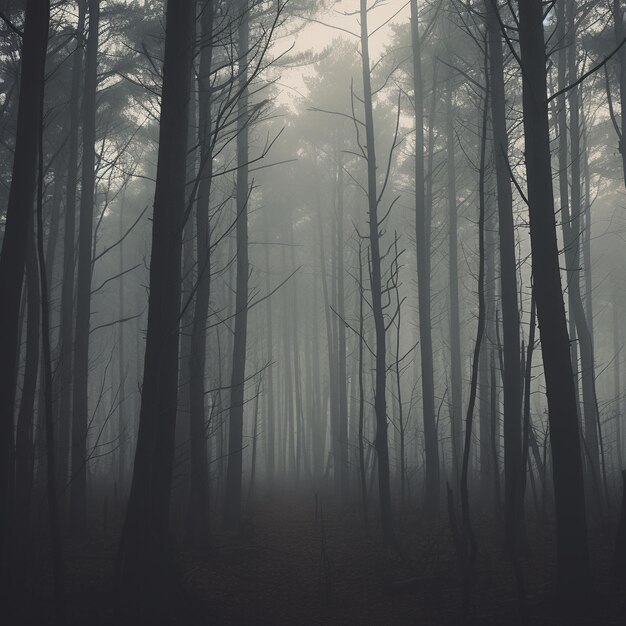 Hauntingly Tall Trees Shrouded in Thick Fog