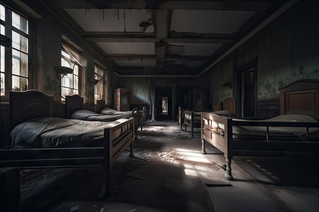 Hauntings in abandoned hospital ward with ghostly apparition visible floating above the beds