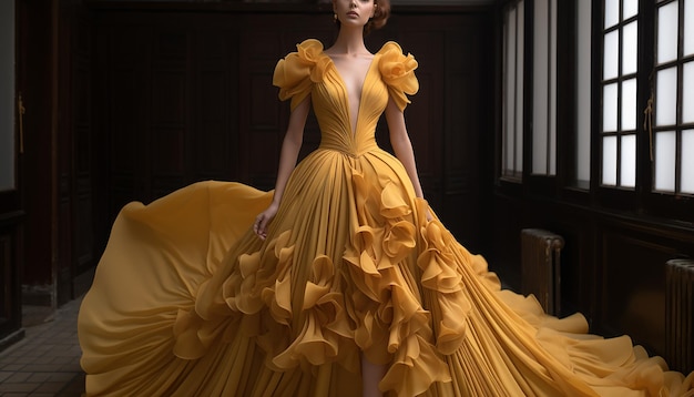 Haute couture geïnspireerde trouwjurk in oker mode concept