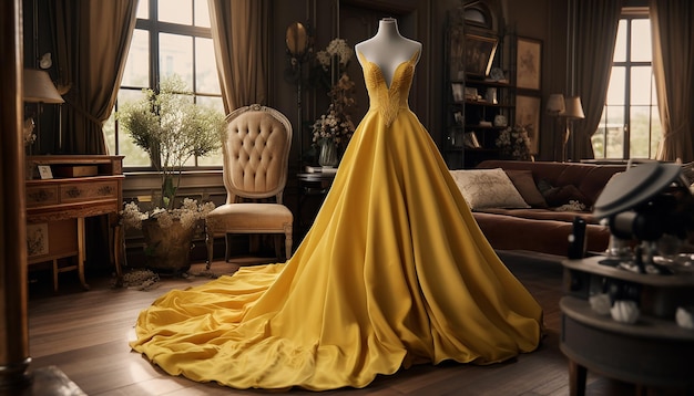 Haute couture geïnspireerde trouwjurk in oker mode concept