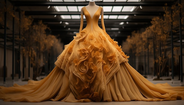 Haute couture inspired wedding dress in ochre fashion concept