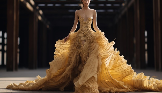 Haute couture inspired wedding dress in ochre fashion concept