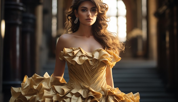 Haute couture inspired wedding dress in ochre fashion concept
